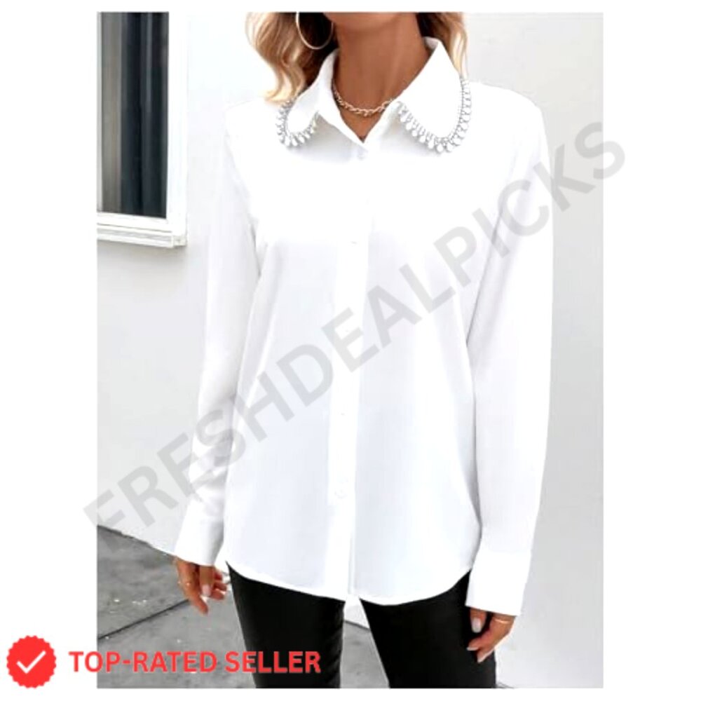Rhinestone Collared Button Down Blouse Long Sleev… - image 4